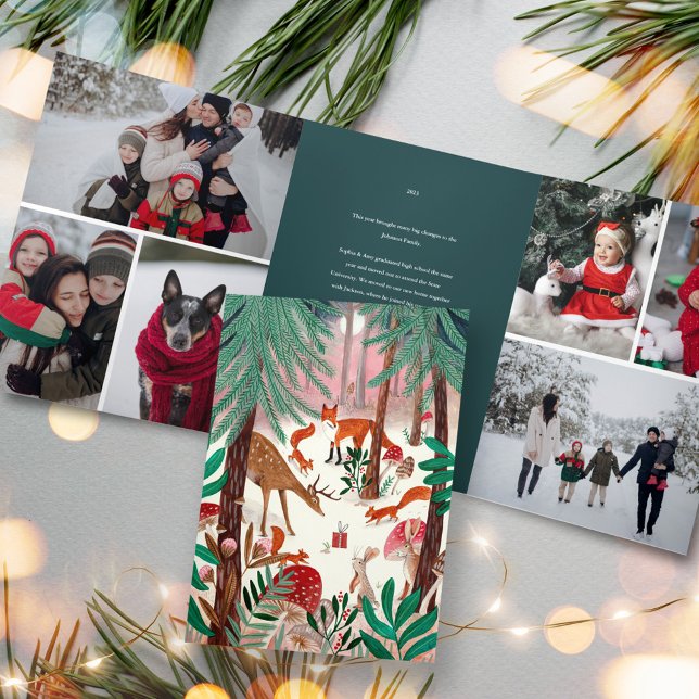 Niedliche Grüne Waldtiere Foto Weihnachten Dreifach Gefaltete Einladung (Cute Green Woodland Animals Family Photo Christmas Tri-Fold Invitation)