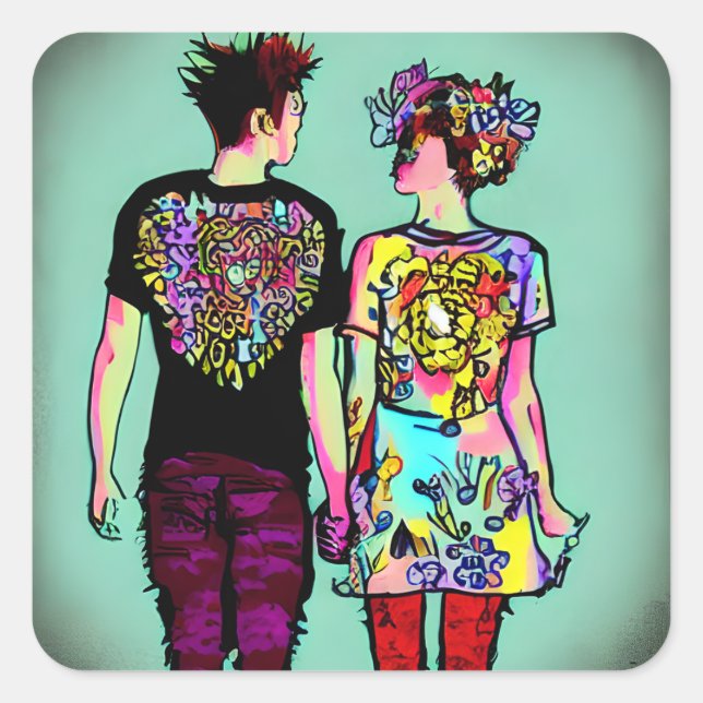 Niedliche Grunge Punk Rock Couple Holding Hands Quadratischer Aufkleber (Vorderseite)