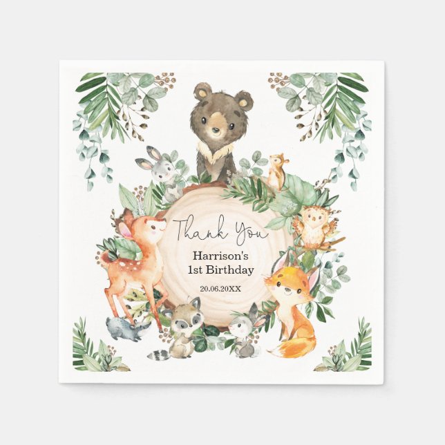 Niedliche Grünpflanzen Woodland Baby Wild Animals  Serviette (Vorderseite)