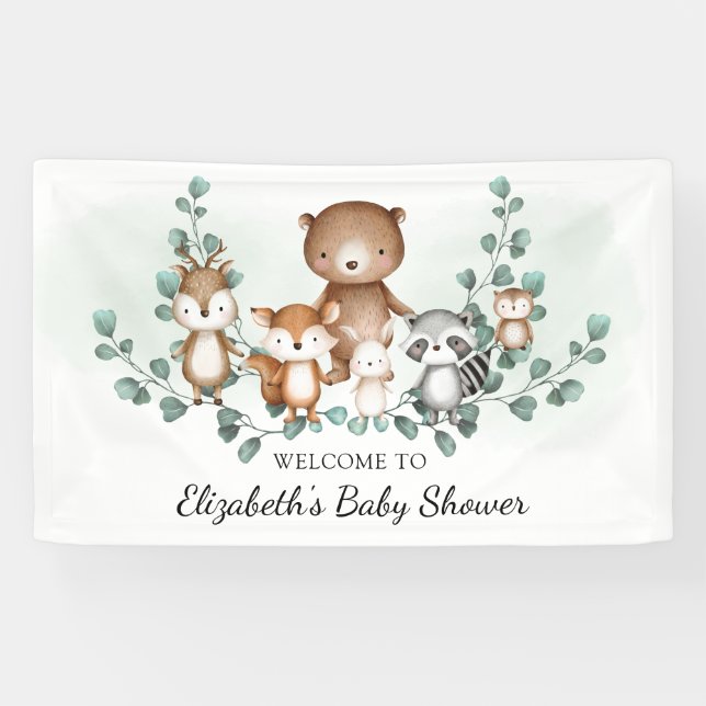 Niedliche Grünpflanzen Woodland Tiere Kinderdusche Banner (Horizontal)