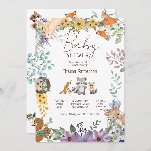 Niedliche Grünwaldtiere Waldtiere Wälder Babydusch Einladung (Vorne/Hinten)