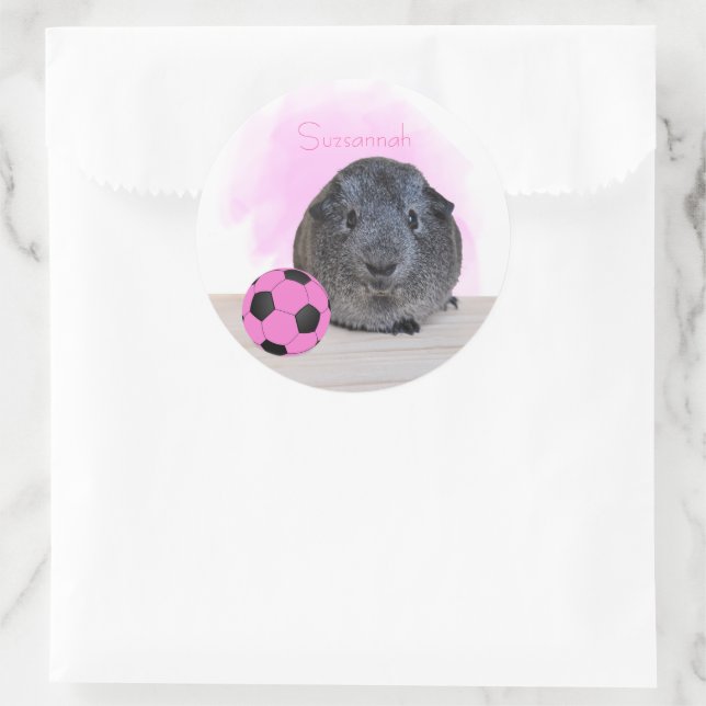 Niedliche Guinea Pig Pink Soccer Ball Individuelle Runder Aufkleber (Tasche)