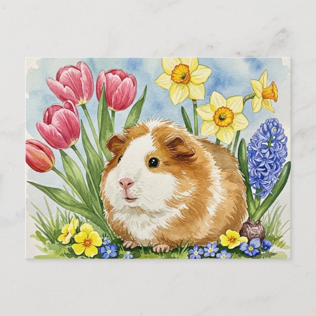Niedliche Guinea Schwein mit Frühlingsblumen Postk Postkarte (Vorderseite)