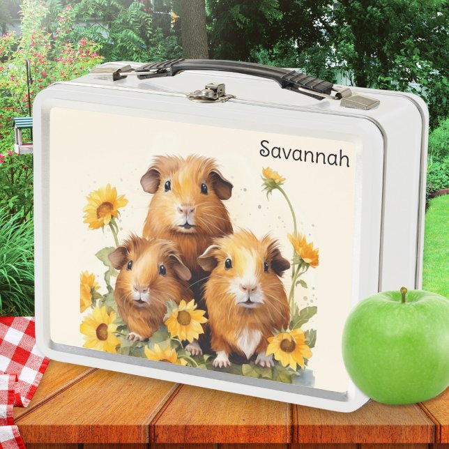 Niedliche Guinea Schweine Blume Hübsches Heimtier Metall Brotdose (A personalized metal lunch box with watercolor-style illustration of three cute guinea pigs)