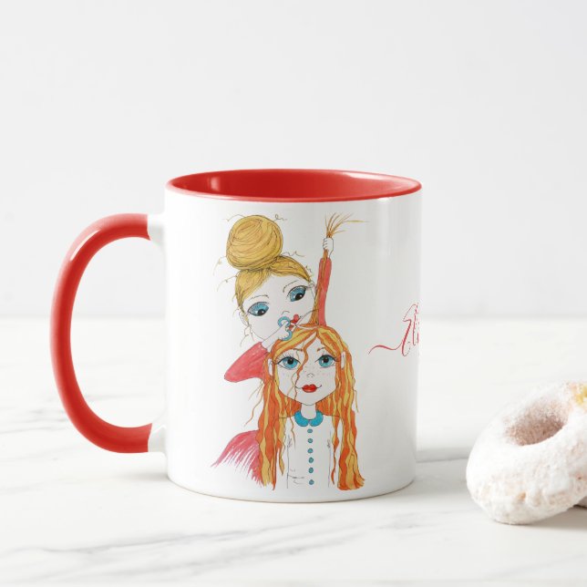 Niedliche Haarschneide Whimsical Illustration Name Tasse (Mit Donut)