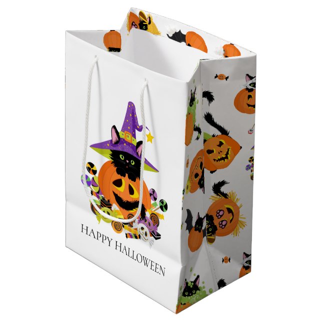 Niedliche Halloween Black Cat Candy Medium Geschen Mittlere Geschenktüte (Vorderseite Schrägansicht)