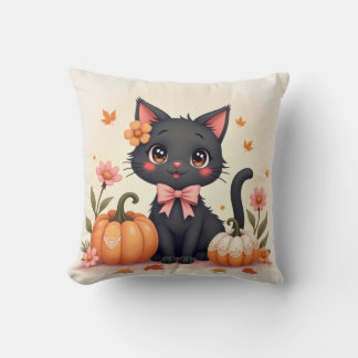 Niedliche Halloween Black Cat mit Pumpkins - Squar Kissen
