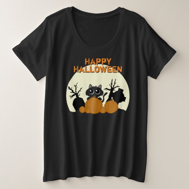 Niedliche Halloween Black Cat Spooky Große Größe T-Shirt (Design vorne)