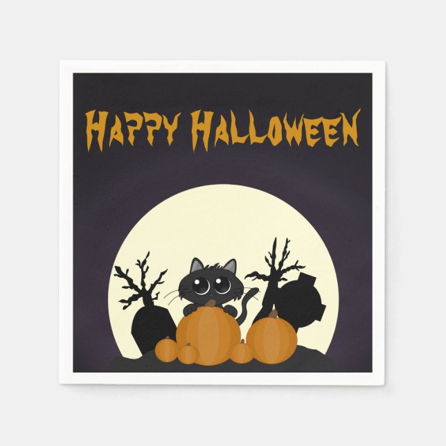 Niedliche Halloween Black Cat Spooky Serviette (Vorderseite)
