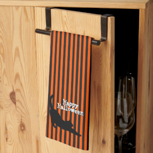 Niedliche Halloween Black Cat Stretching Orange St Geschirrtuch