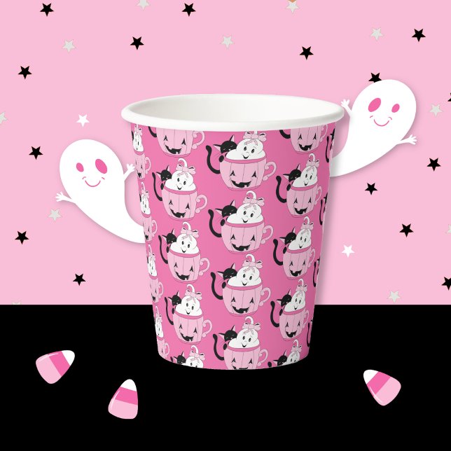 Niedliche Halloween Buddies Muster Pink Paper Cup Pappbecher (Spooky cute Halloween buddies pattern pink paper cup .)