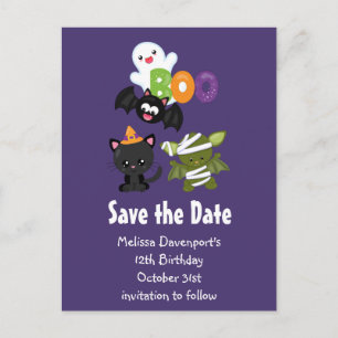 Niedliche Halloween Cat, Bat, Mama Save the Date Einladungspostkarte