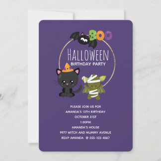 Niedliche Halloween Cat, Bat & Mummy Boo Geburtsta Einladung