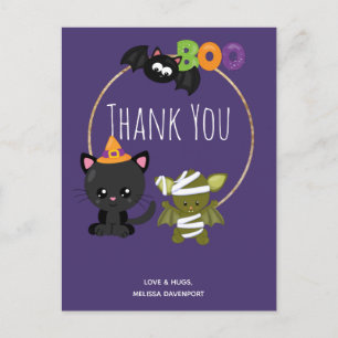 Niedliche Halloween Cat, Bat & Mummy Boy Danke Postkarte