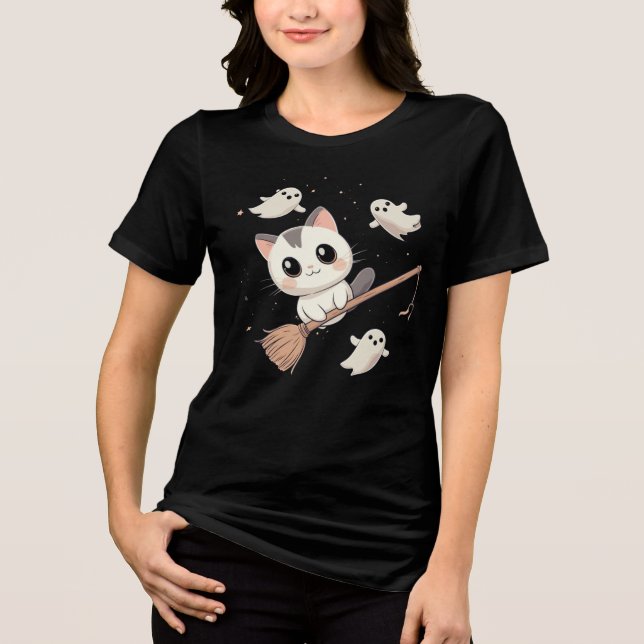 Niedliche Halloween Cat Flying on Broom T - Shirt (Vorderseite)