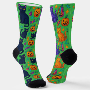 Niedliche Halloween Cat & Pumpkin Crew Socken