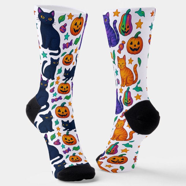Niedliche Halloween Cat & Pumpkin Crew Socken (Gewinkelt)