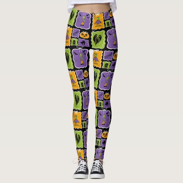 Niedliche Halloween-Charaktere Frankensteins & Zom Leggings (Vorderseite)