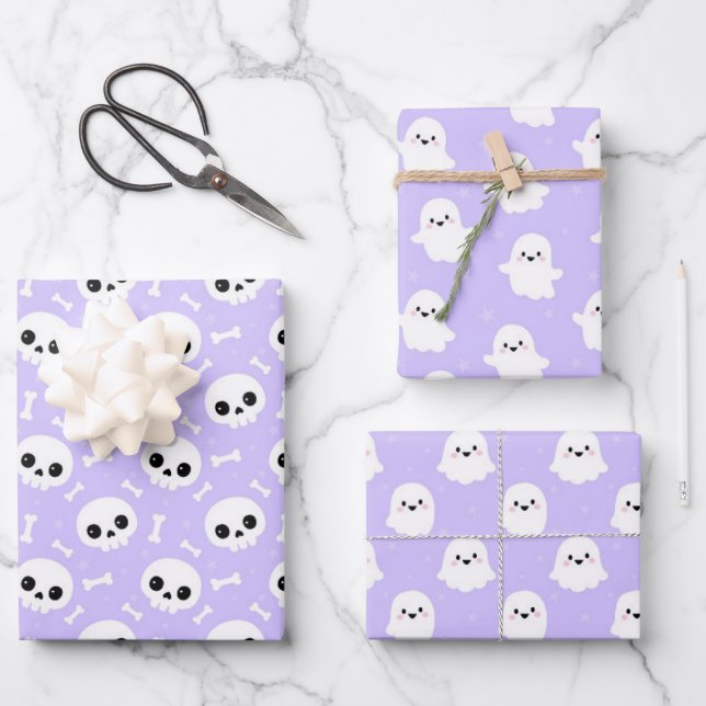 Niedliche Halloween-Geist- und Skulls-Muster Geschenkpapier Set (Vorderseite)