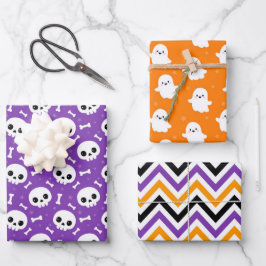 Niedliche Halloween-Geist- und Skulls-Muster Geschenkpapier Set