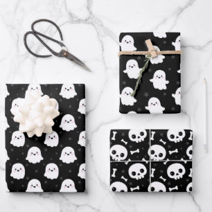 Niedliche Halloween-Geist- und Skulls-Muster Geschenkpapier Set
