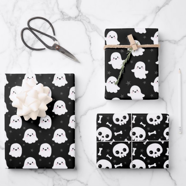 Niedliche Halloween-Geist- und Skulls-Muster Geschenkpapier Set (Vorderseite)