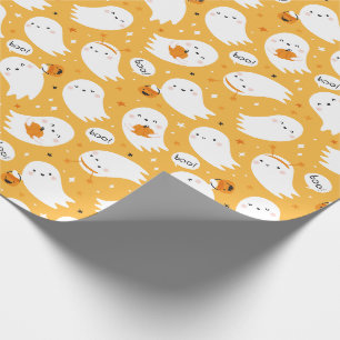 Niedliche Halloween-Geister mit Kürbis auf Orange Geschenkpapier