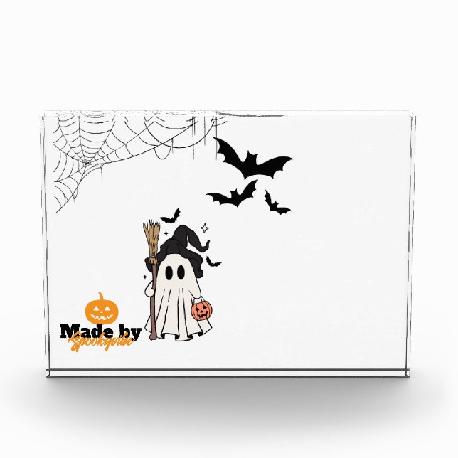 Niedliche Halloween-Geisterhaube mit Broom und Pum Fotoblock (Vorderseite)