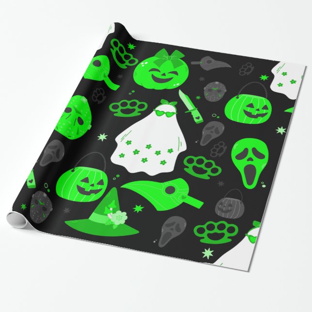 niedliche Halloween-Geistersäure grün Geschenkpapier (Ungerollt)