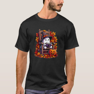 Niedliche Halloween Ghost Reading Book Herbstlaubs T-Shirt
