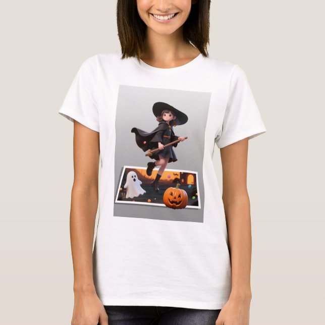 Niedliche Halloween-Hexe auf Broomstick T-Shirt (Vorderseite)