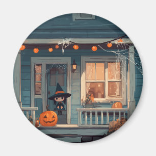 Niedliche Halloween Hexe auf Spooky Porch - Magnet
