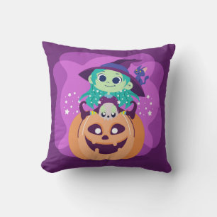 Niedliche Halloween Hexe auf Spooky Pumpkin und Ca Kissen