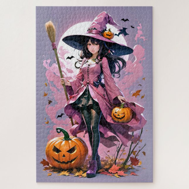 Niedliche Halloween-Hexe, Jack-O-Lanterns Puzzle (Vertikal)
