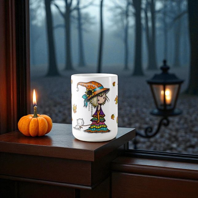 Niedliche Halloween Hexe & Kitten mit Herbstblätte Kaffeetasse (Von Creator hochgeladen)