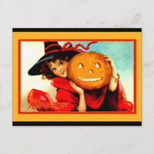 Niedliche Halloween Hexe mit Jack O' Lantern Vinta Postkarte