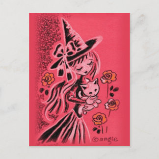 Niedliche Halloween-Hexe mit Kätzchen Postkarte