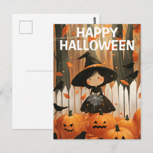Niedliche Halloween-Hexe mit Kürpen und Kürbis Postkarte