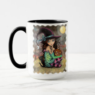 Niedliche Halloween-Hexe mit Schwarzer Katze Tasse