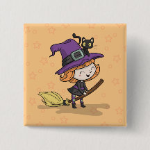 Niedliche Halloween Hexe und Katze | Button