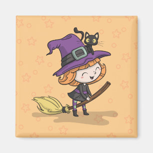 Niedliche Halloween Hexe und Katze   Magnet