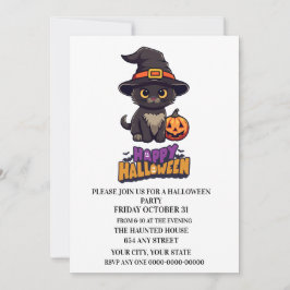 Niedliche Halloween Hexenkatze mit Kürbis Einladung