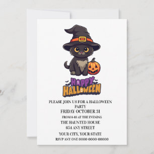 Niedliche Halloween Hexenkatze mit Kürbis Einladung