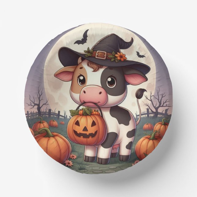 Niedliche Halloween-Hexenkuh Pappteller (Vorderseite)