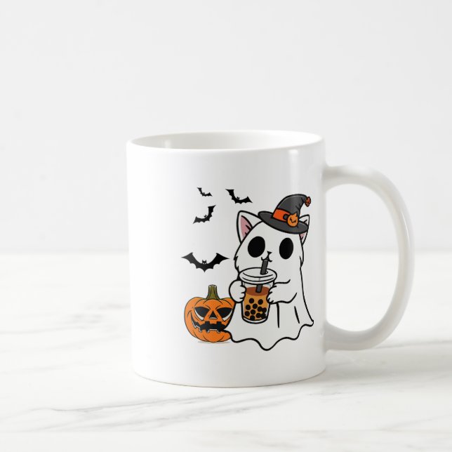 Niedliche Halloween-Katze in Geisterkostüm trinken Kaffeetasse (Rechts)