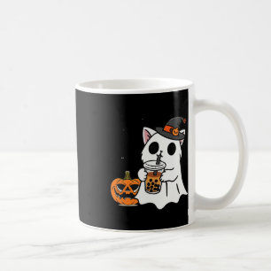 Niedliche Halloween-Katze in Geisterkostüm trinken Kaffeetasse