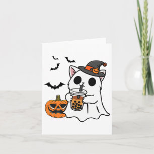 Niedliche Halloween-Katze in Geisterkostüm trinken Karte