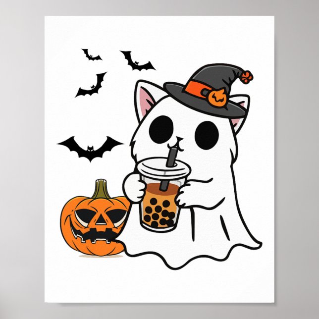 Niedliche Halloween-Katze in Geisterkostüm trinken Poster (Vorne)