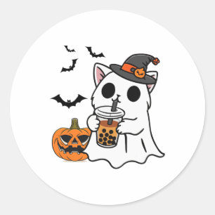 Niedliche Halloween-Katze in Geisterkostüm trinken Runder Aufkleber
