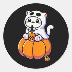 Niedliche Halloween-Katze in Geisterkostüm trinken Runder Aufkleber
